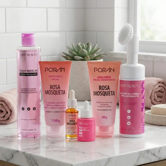Kit Rotina de Skincare Rosa Mosqueta Completo com 6 Produtos e Mousse Facial